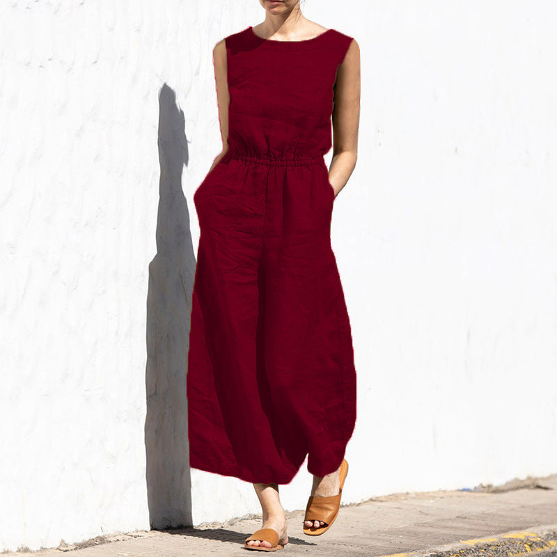 High Waist Sleeveless Wide Leg Jumpsuit with Pockets