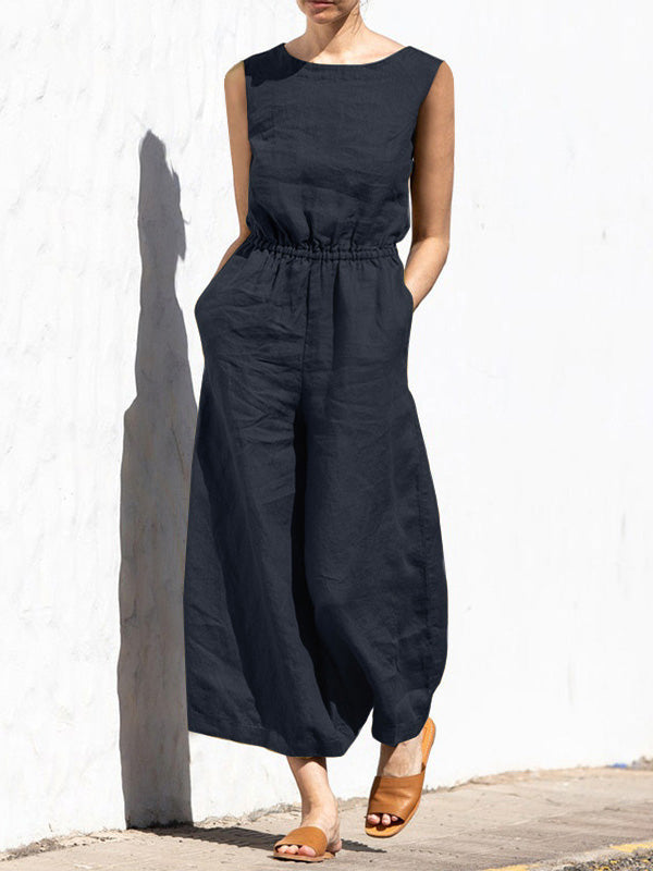 High Waist Sleeveless Wide Leg Jumpsuit with Pockets