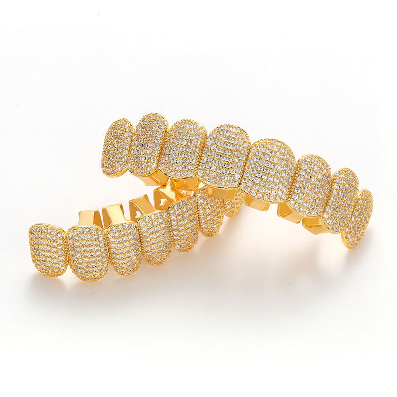 Hip-Hop Vampire Fang Grillz Set in Gold and Silver with Zircon Diamonds