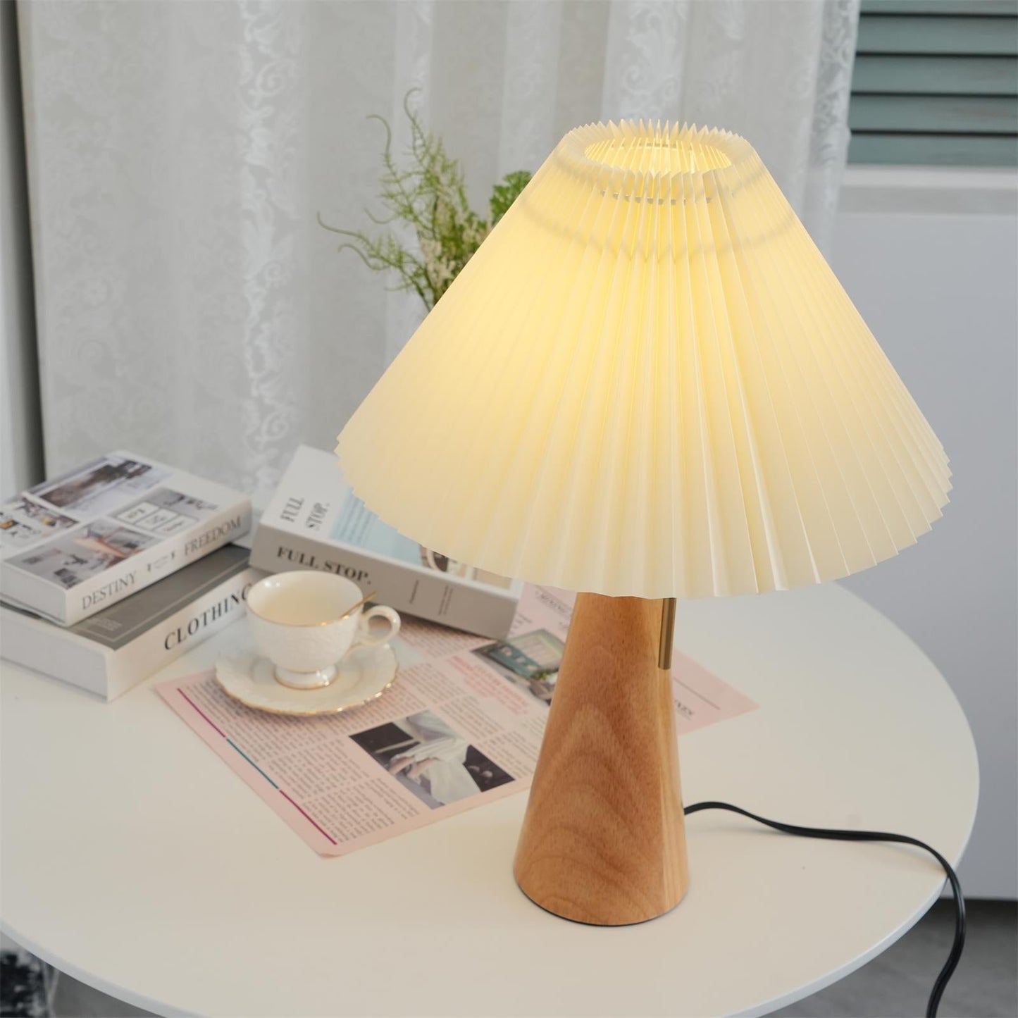 Elegant Wood and Metal Table Lamp with Pleated Linen Shade