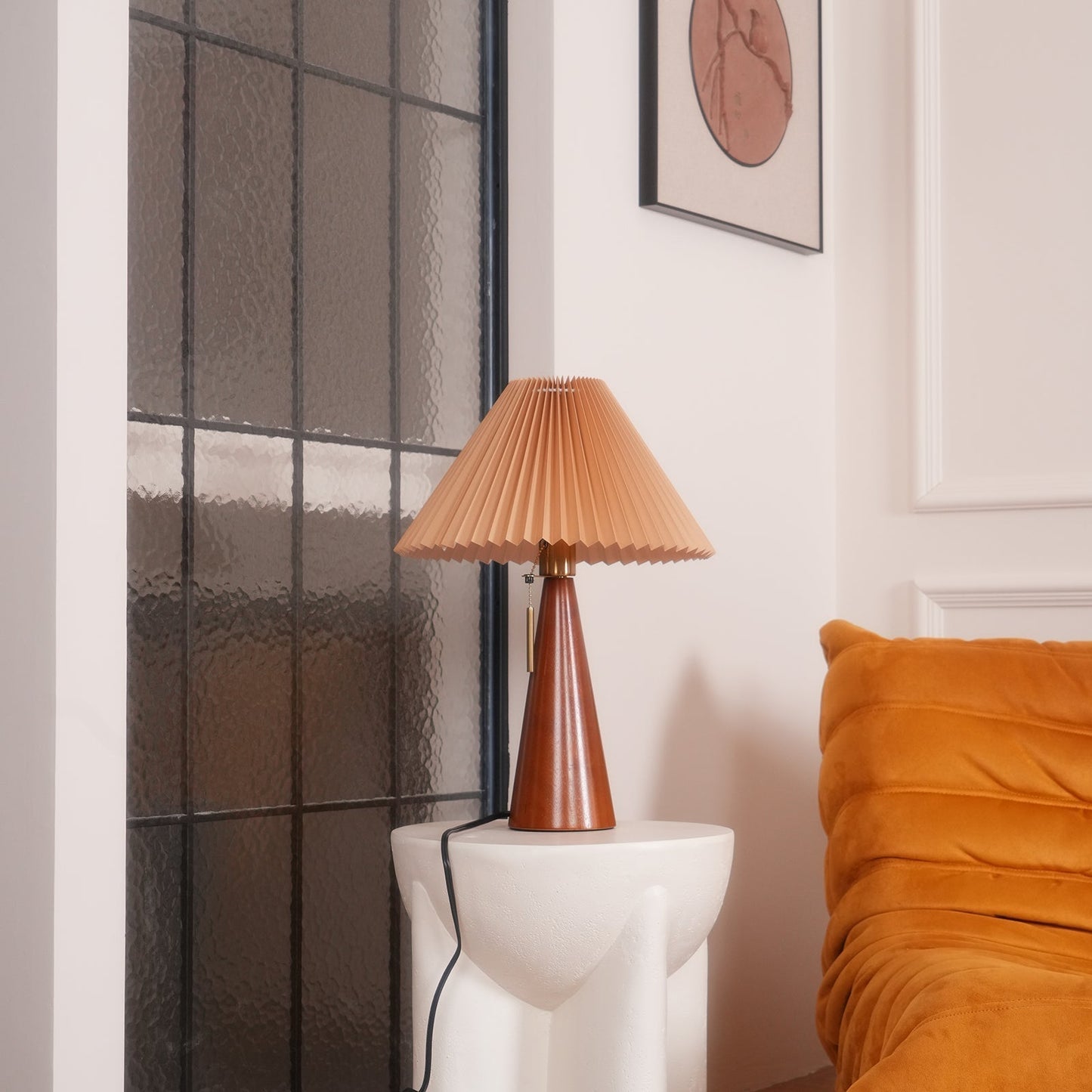 Elegant Wood and Metal Table Lamp with Pleated Linen Shade