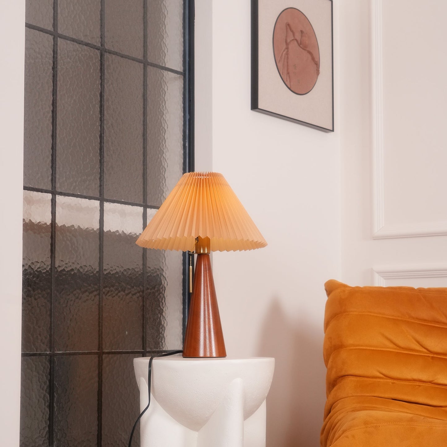 Elegant Wood and Metal Table Lamp with Pleated Linen Shade