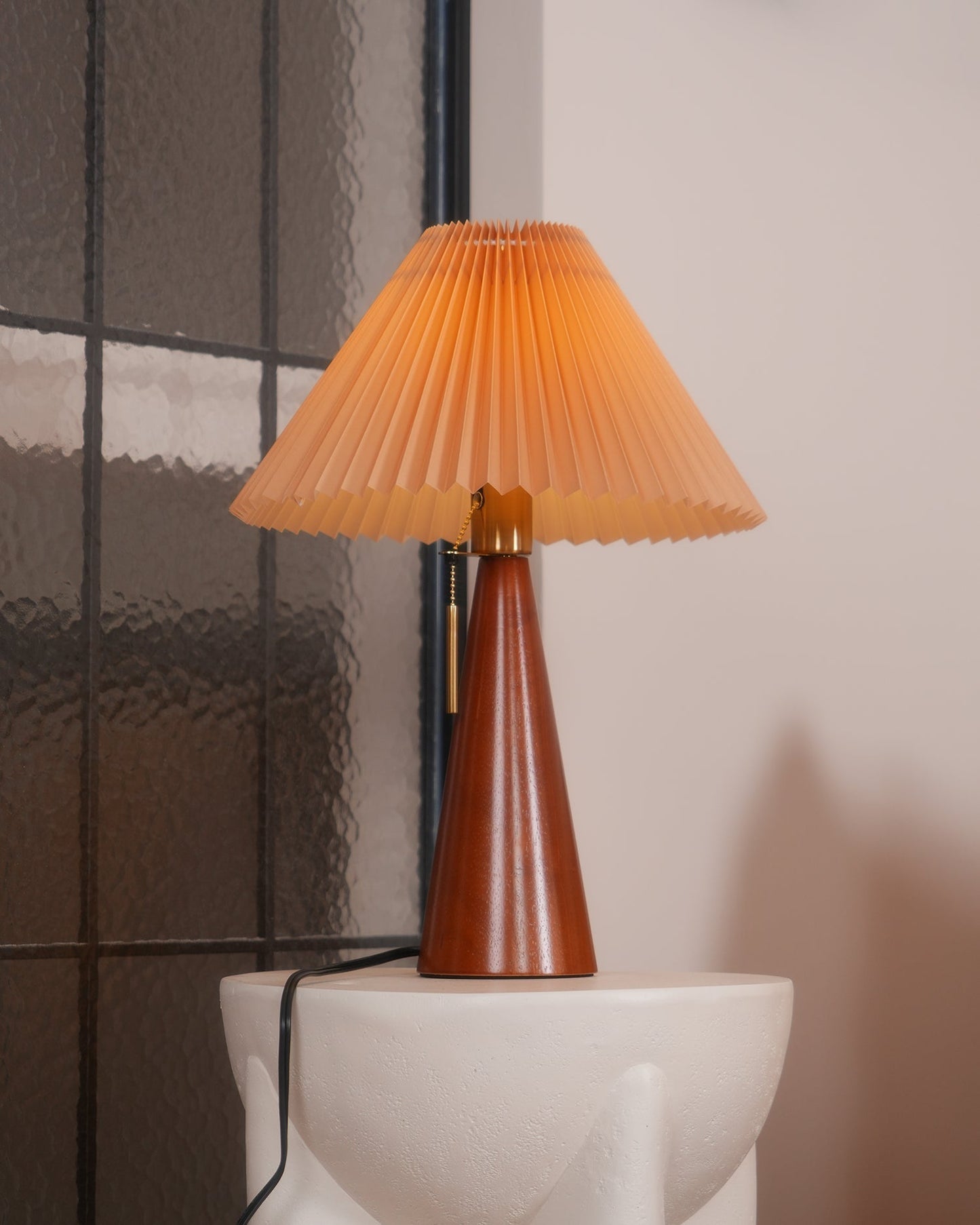 Elegant Wood and Metal Table Lamp with Pleated Linen Shade