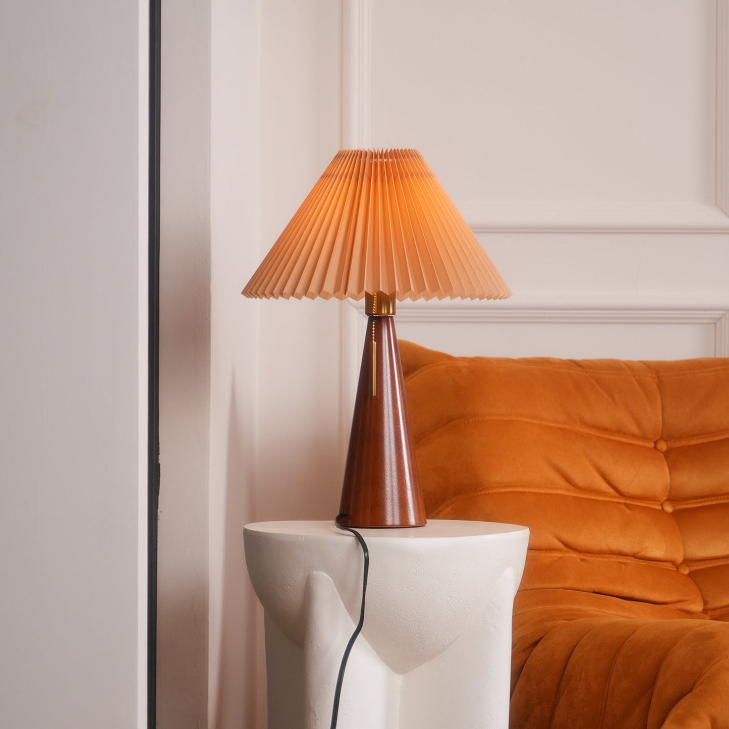 Elegant Wood and Metal Table Lamp with Pleated Linen Shade