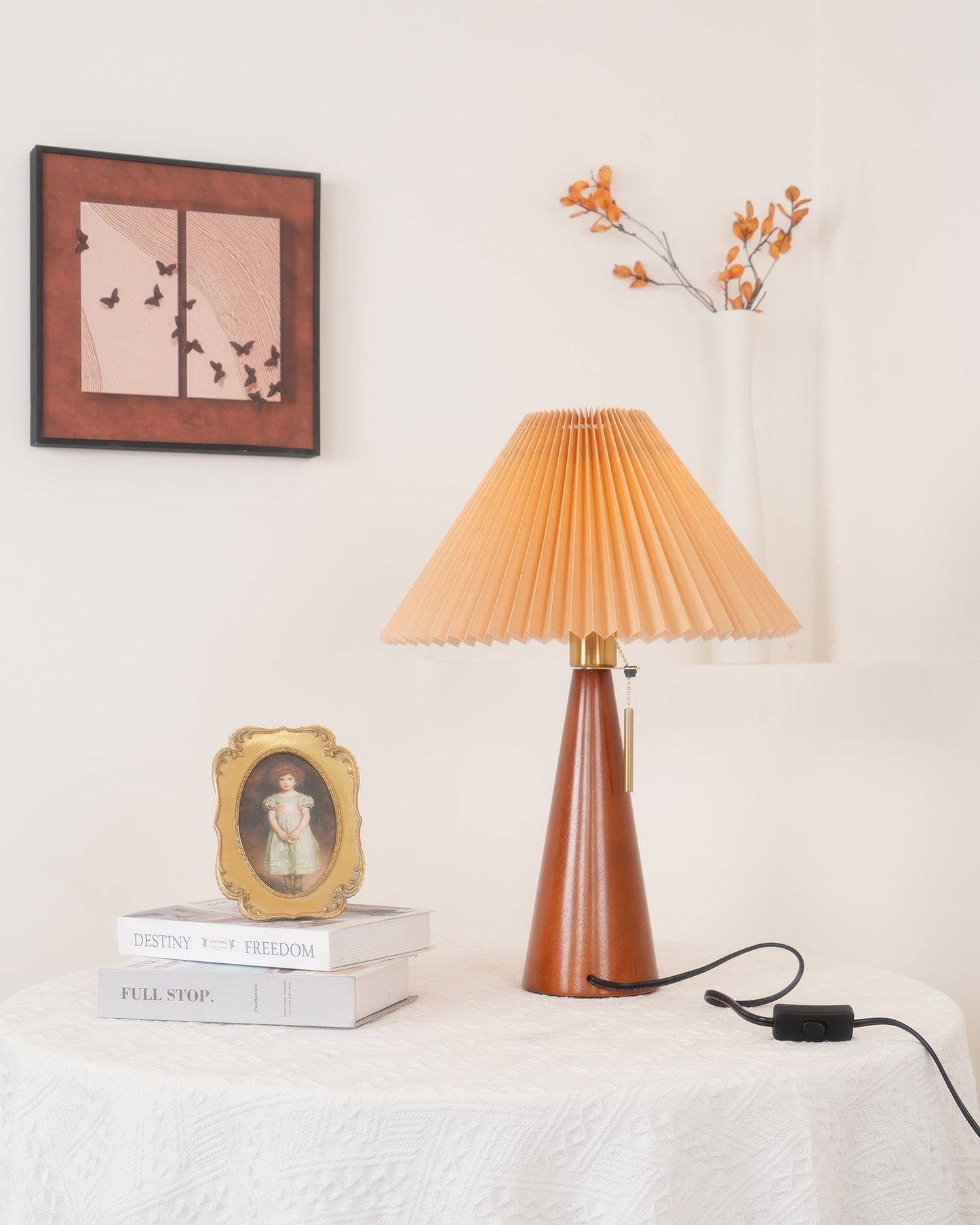Elegant Wood and Metal Table Lamp with Pleated Linen Shade
