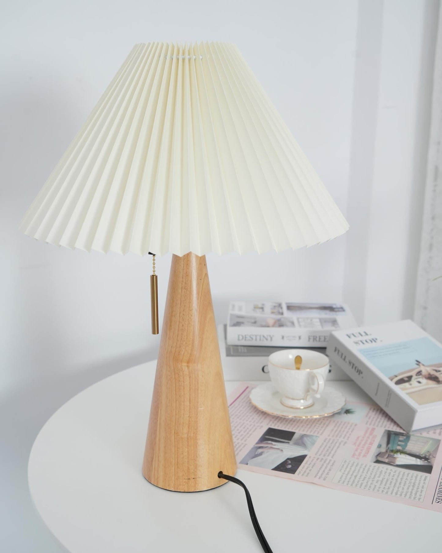 Elegant Wood and Metal Table Lamp with Pleated Linen Shade