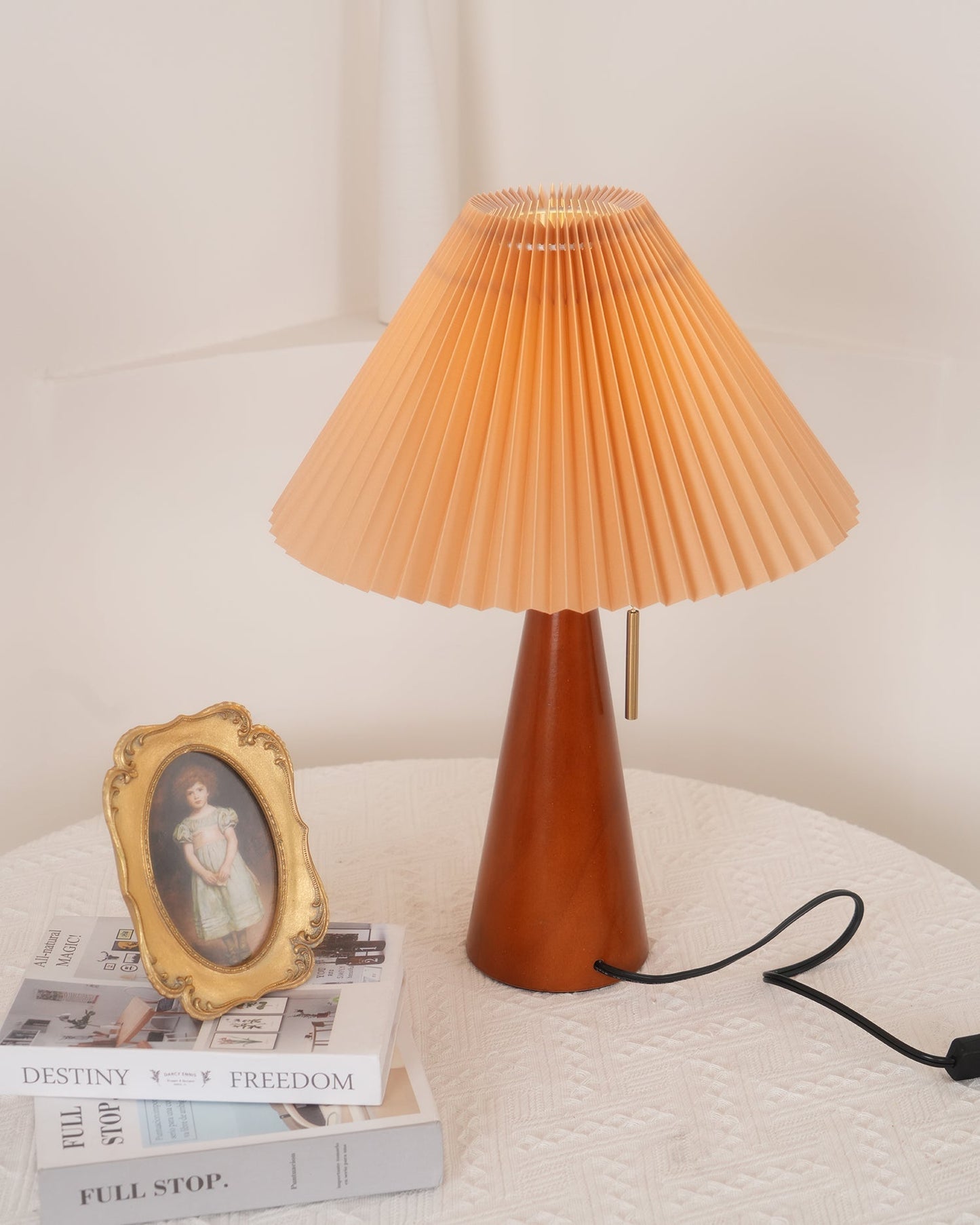Elegant Wood and Metal Table Lamp with Pleated Linen Shade