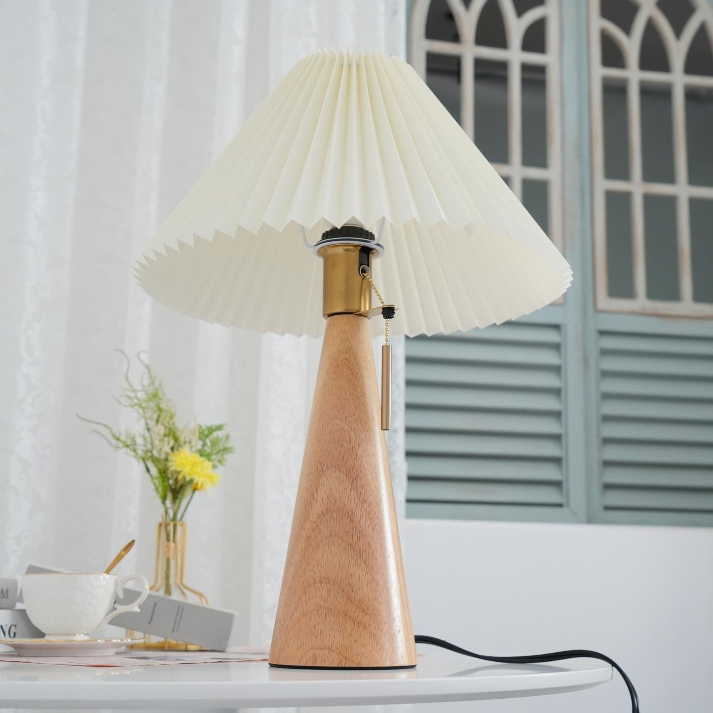 Elegant Wood and Metal Table Lamp with Pleated Linen Shade