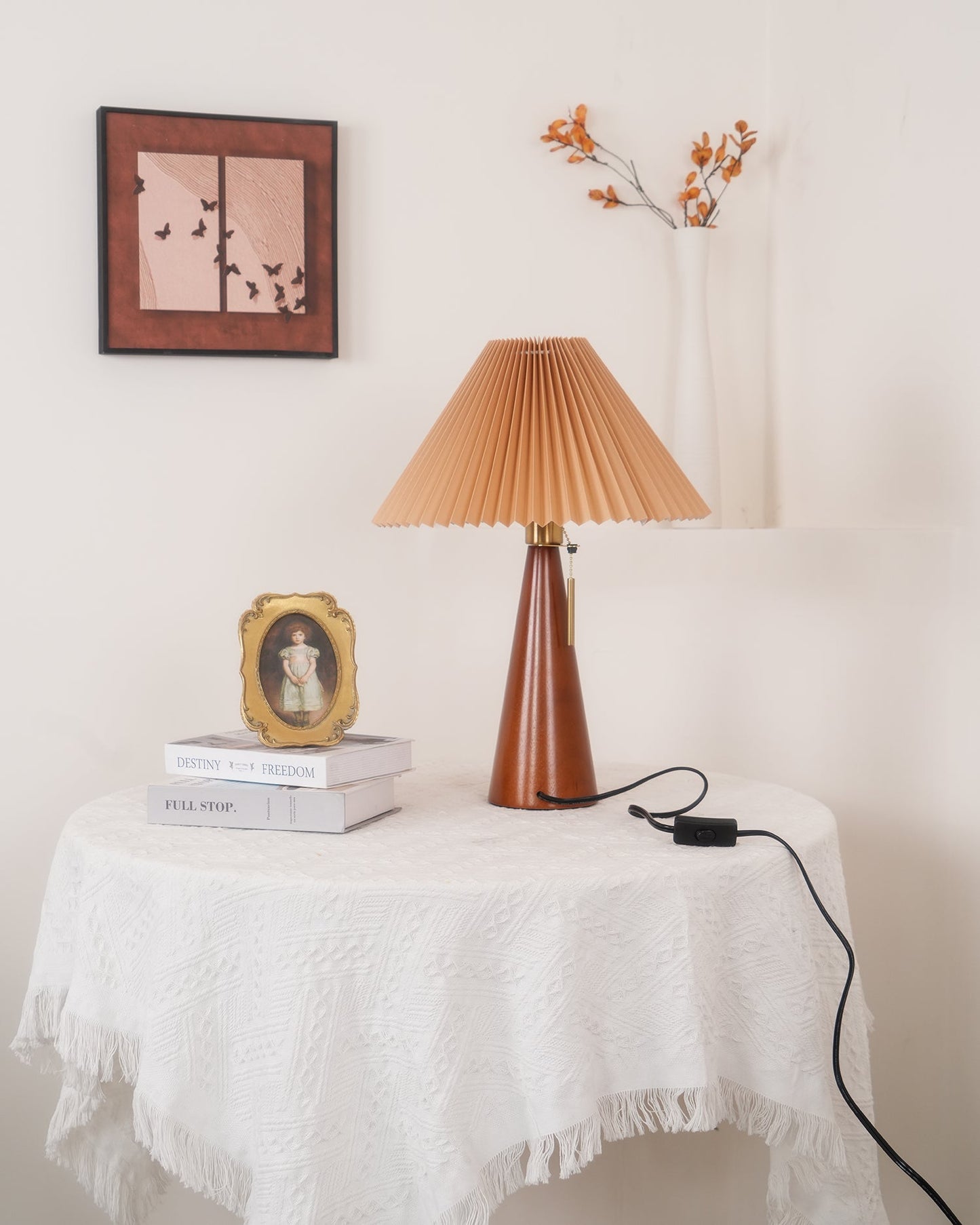 Elegant Wood and Metal Table Lamp with Pleated Linen Shade