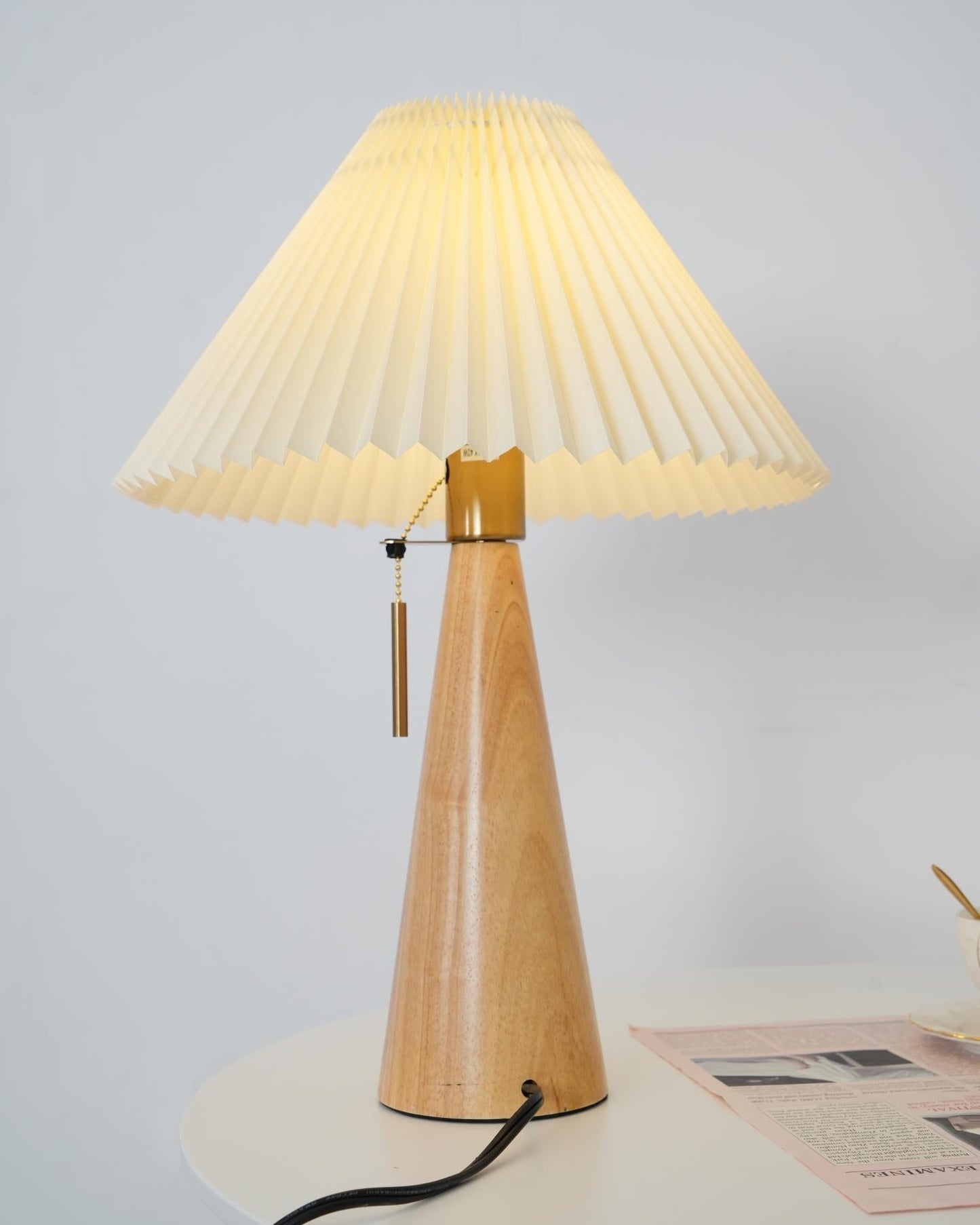 Elegant Wood and Metal Table Lamp with Pleated Linen Shade
