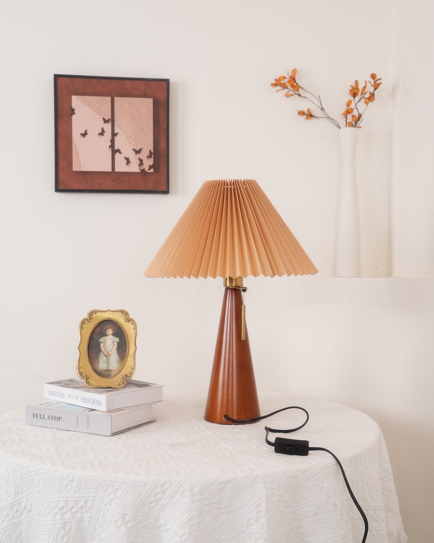 Elegant Wood and Metal Table Lamp with Pleated Linen Shade