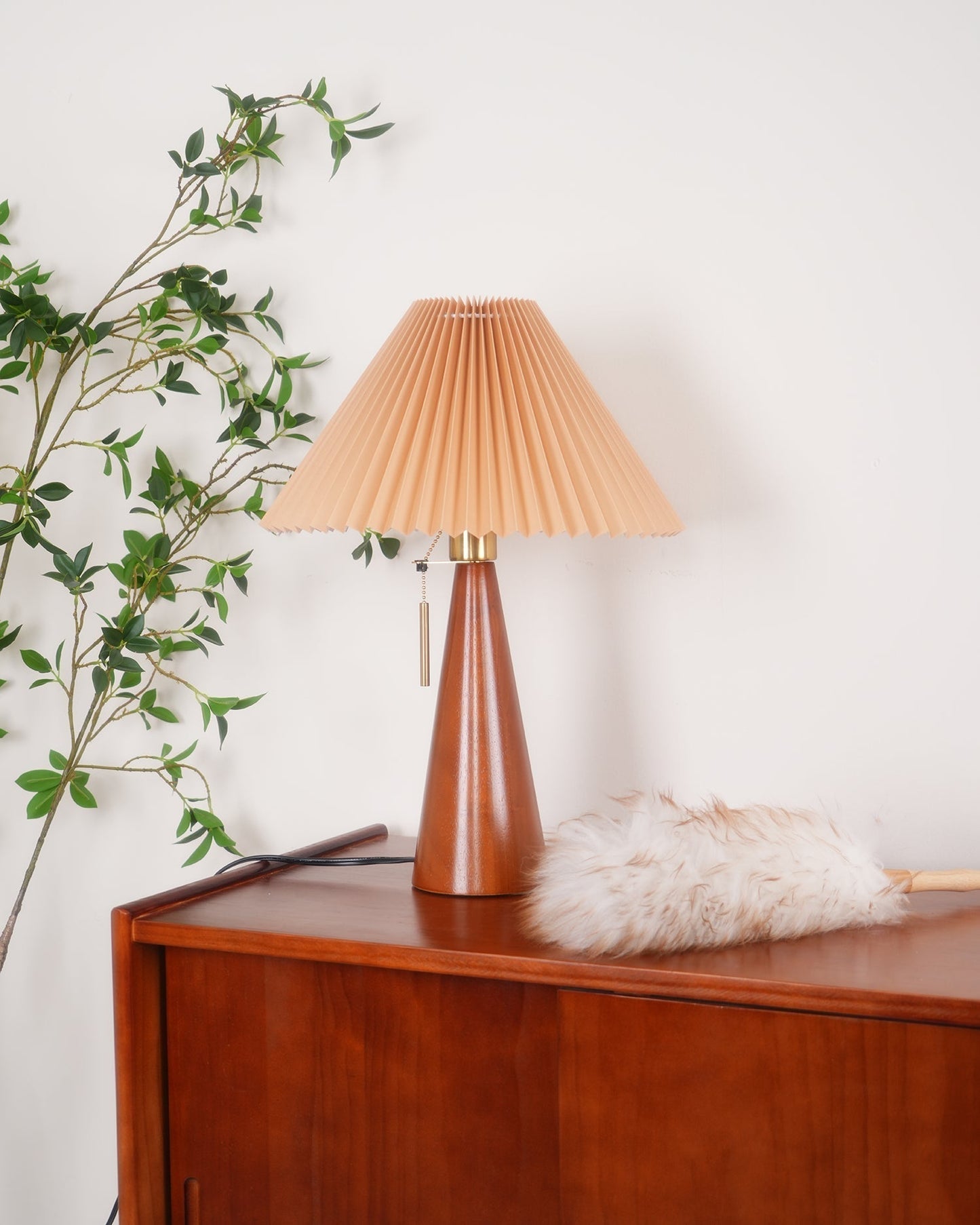 Elegant Wood and Metal Table Lamp with Pleated Linen Shade