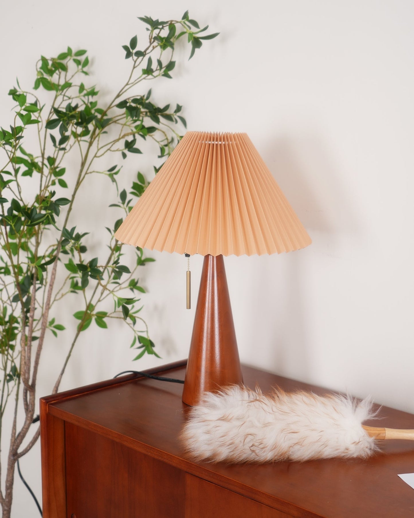 Elegant Wood and Metal Table Lamp with Pleated Linen Shade