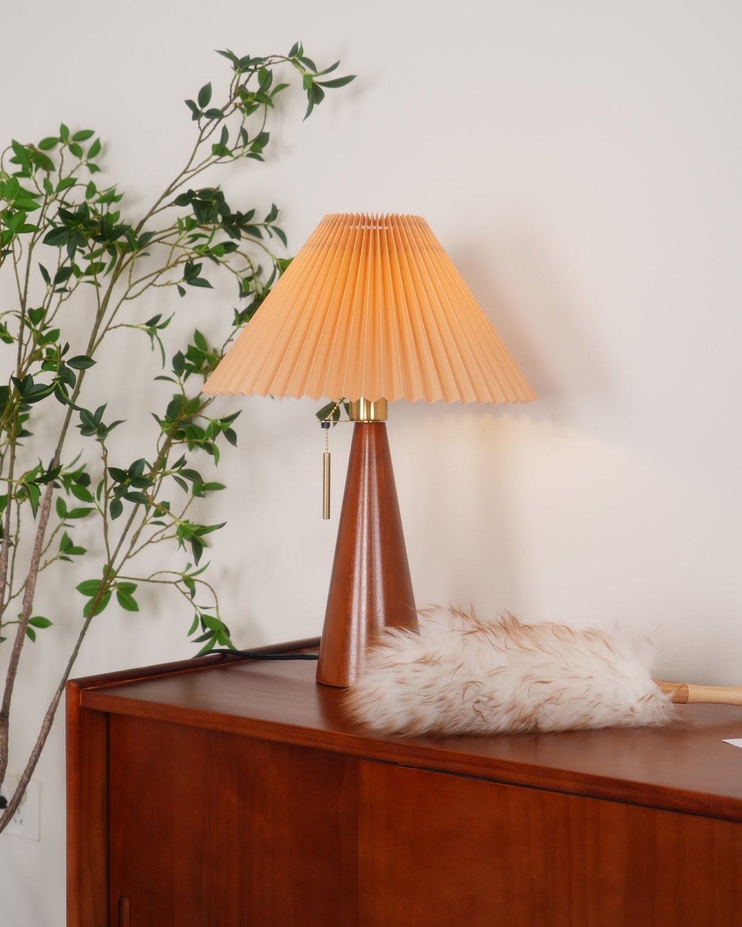 Elegant Wood and Metal Table Lamp with Pleated Linen Shade