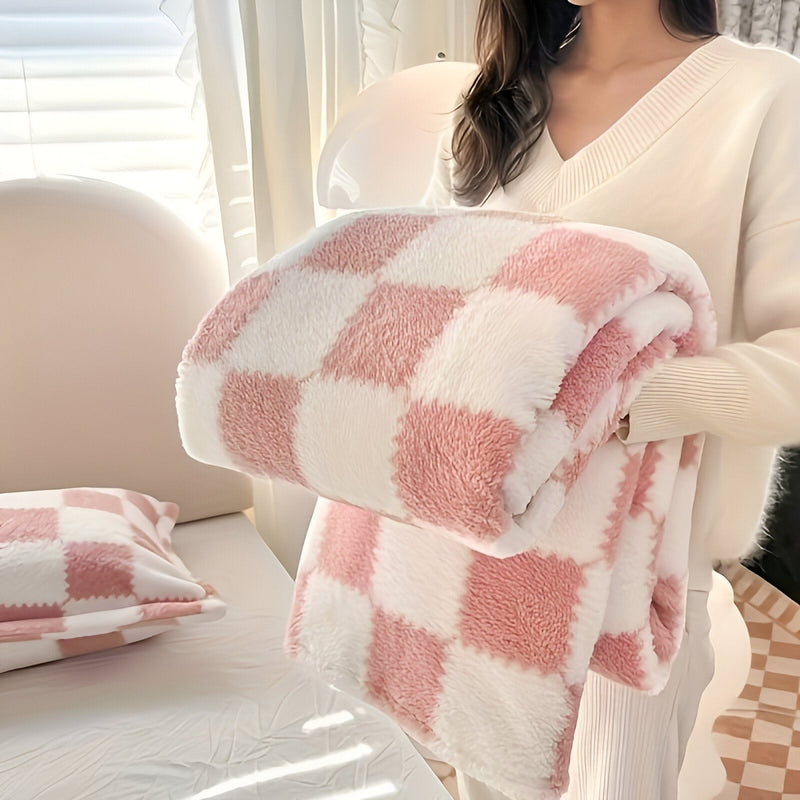 Checked Fleece Throw Blanket for Sofa and Bed