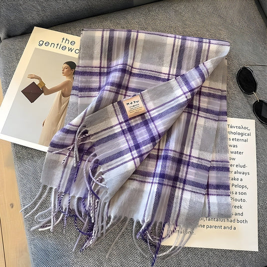 Grey Tartan Winter Scarf with Fringed Tassels