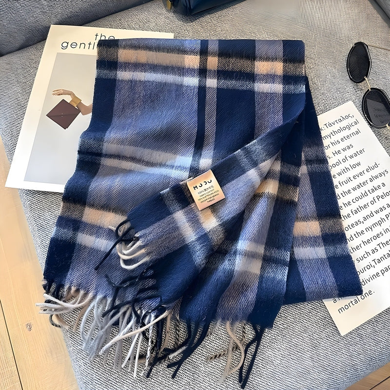 Grey Tartan Winter Scarf with Fringed Tassels