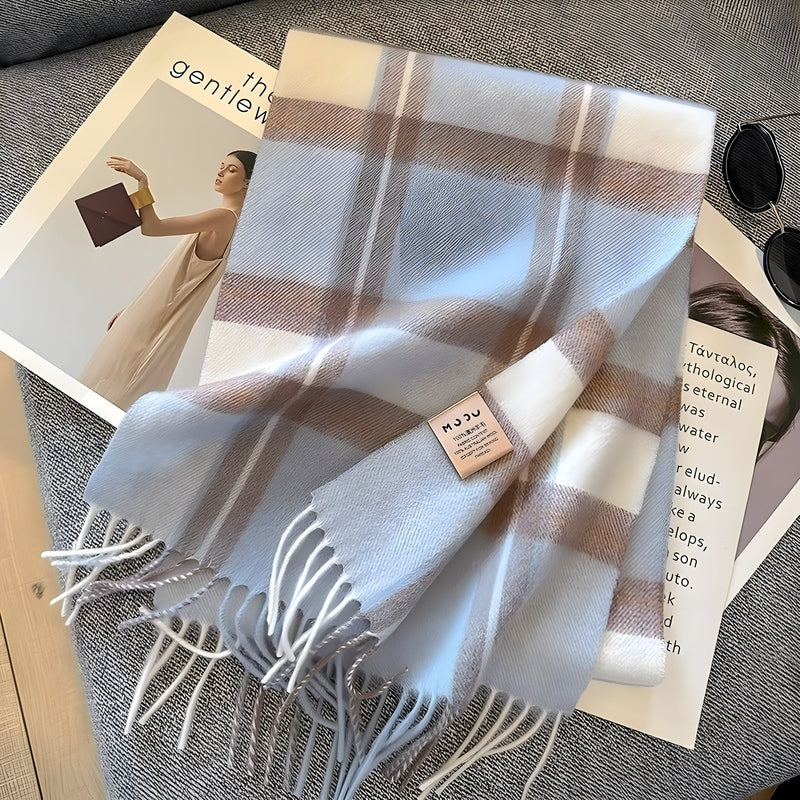 Grey Tartan Winter Scarf with Fringed Tassels