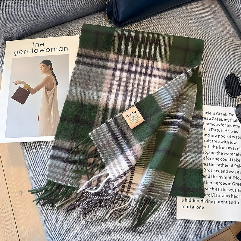 Grey Tartan Winter Scarf with Fringed Tassels