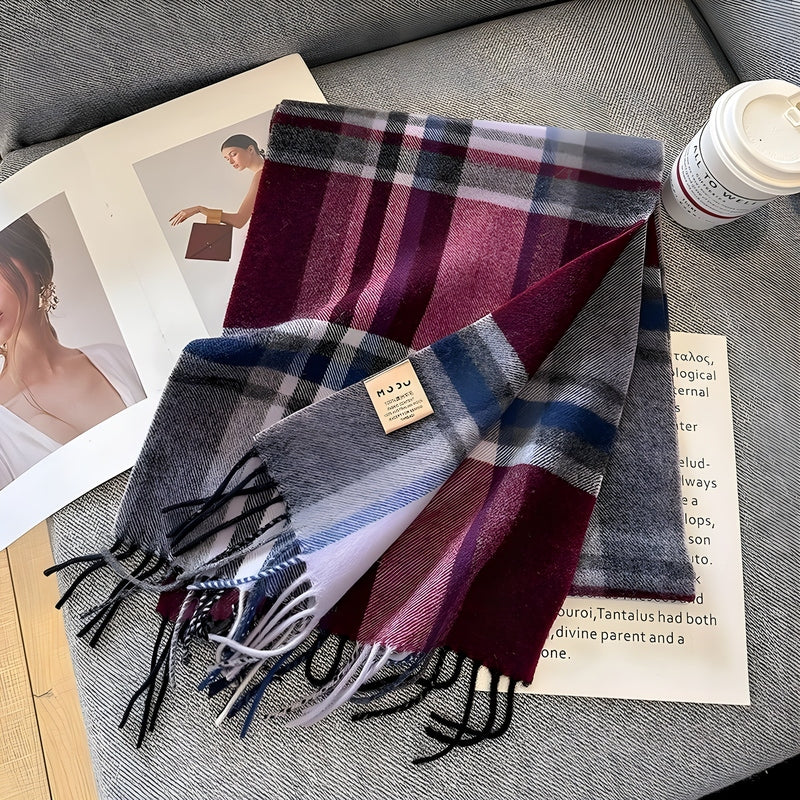 Grey Tartan Winter Scarf with Fringed Tassels