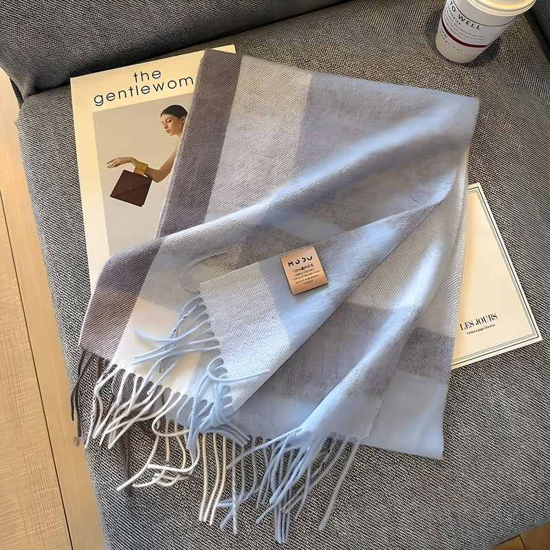 Grey Tartan Winter Scarf with Fringed Tassels