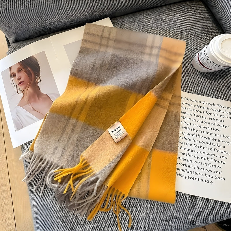Grey Tartan Winter Scarf with Fringed Tassels