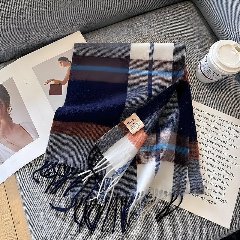 Grey Tartan Winter Scarf with Fringed Tassels