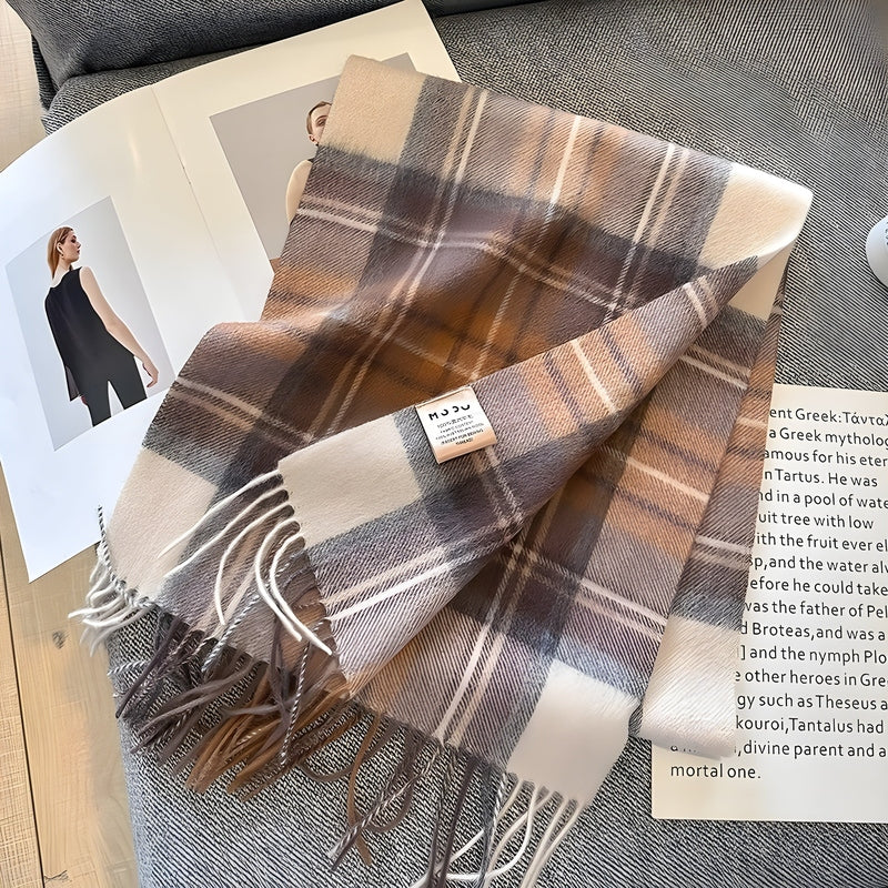 Grey Tartan Winter Scarf with Fringed Tassels