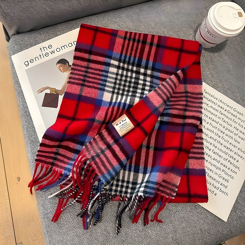 Grey Tartan Winter Scarf with Fringed Tassels