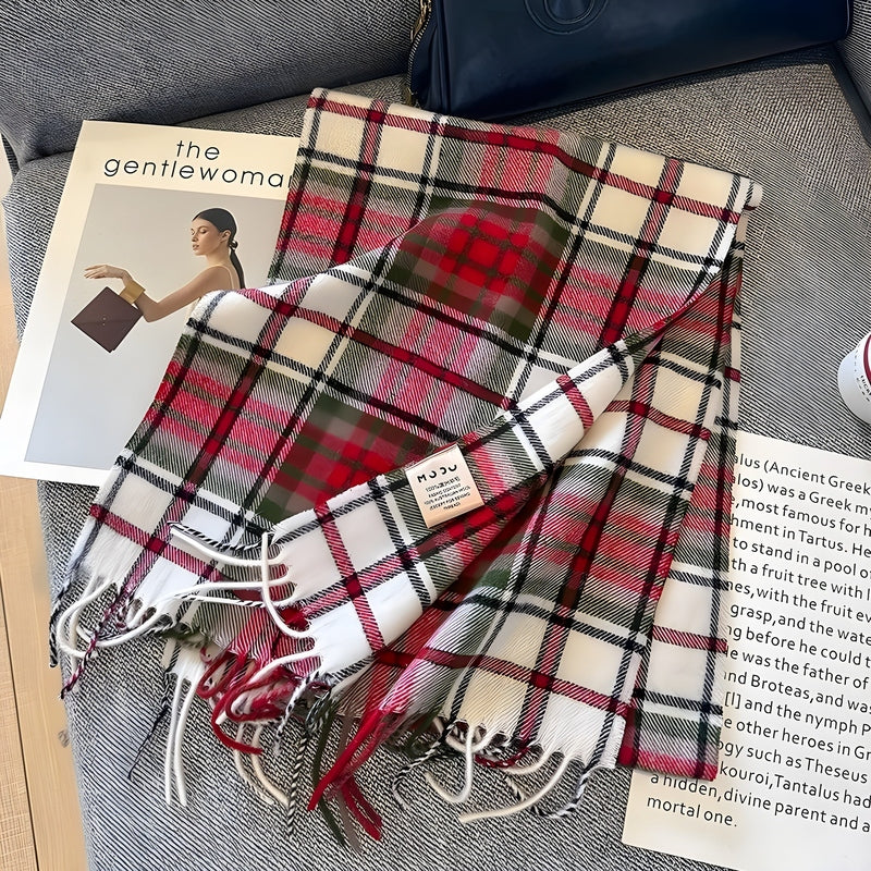 Grey Tartan Winter Scarf with Fringed Tassels