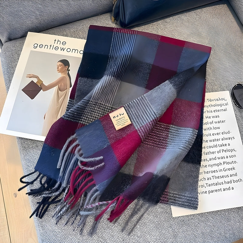 Grey Tartan Winter Scarf with Fringed Tassels