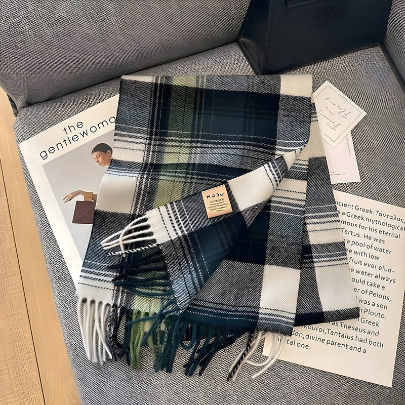 Grey Tartan Winter Scarf with Fringed Tassels