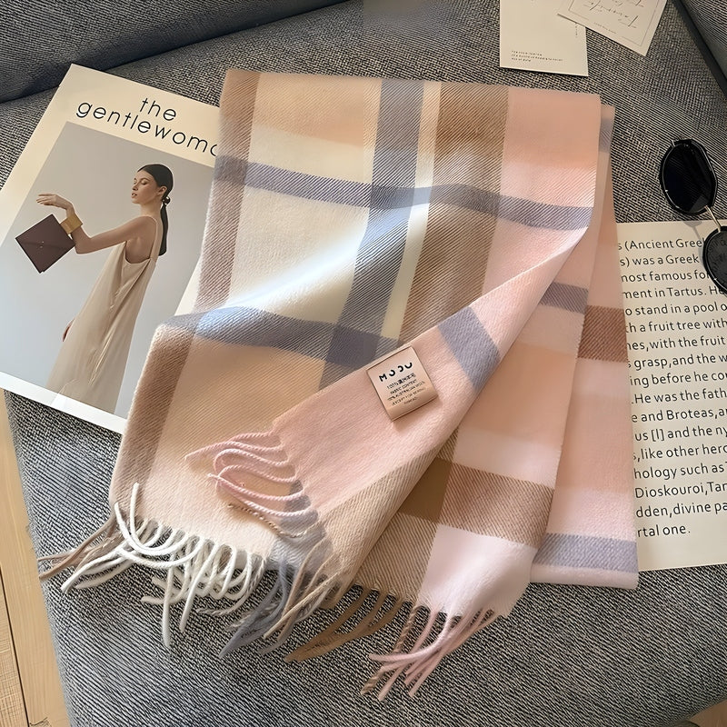 Grey Tartan Winter Scarf with Fringed Tassels