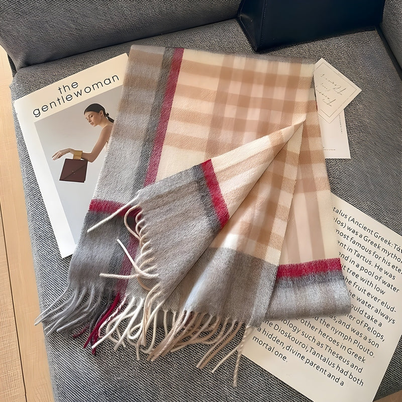 Grey Tartan Winter Scarf with Fringed Tassels