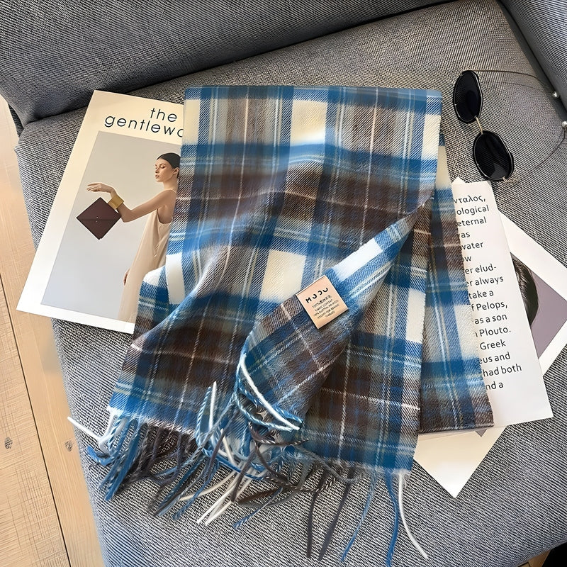 Grey Tartan Winter Scarf with Fringed Tassels