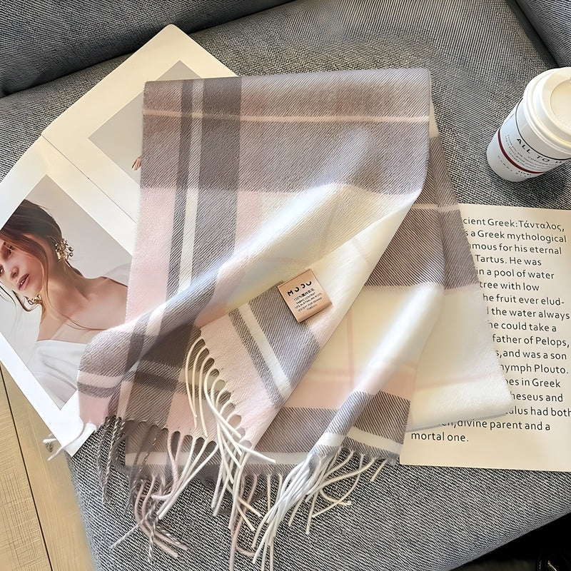Grey Tartan Winter Scarf with Fringed Tassels