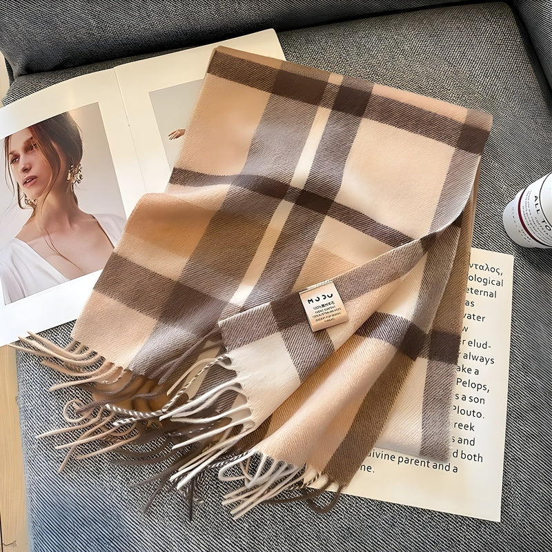 Grey Tartan Winter Scarf with Fringed Tassels