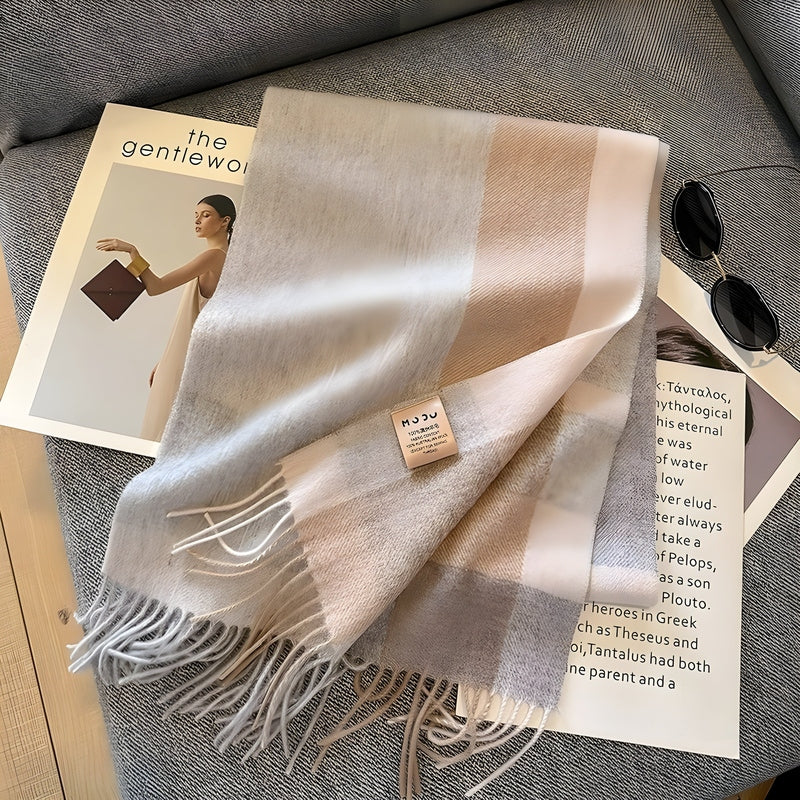 Grey Tartan Winter Scarf with Fringed Tassels