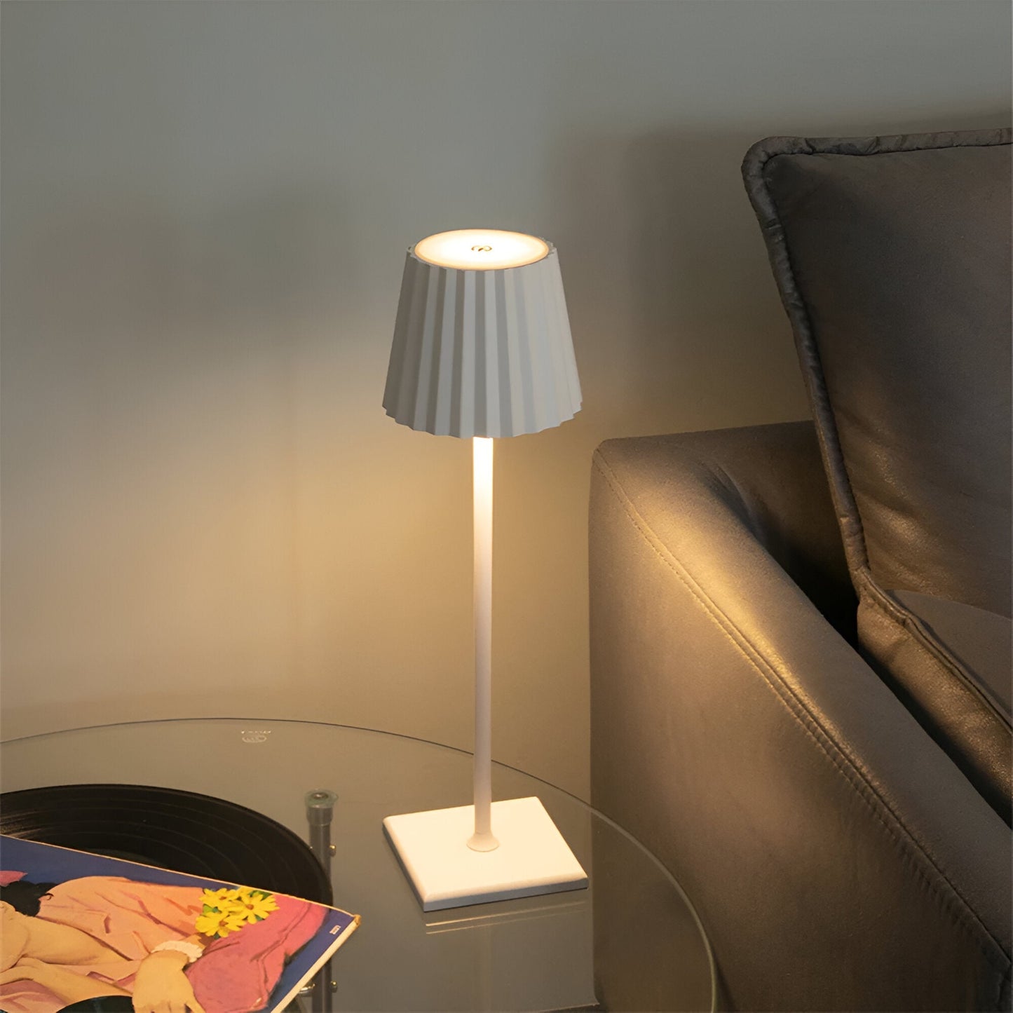 Cordless Touch-Dimmable LED Table Lamp with Pleated Shade