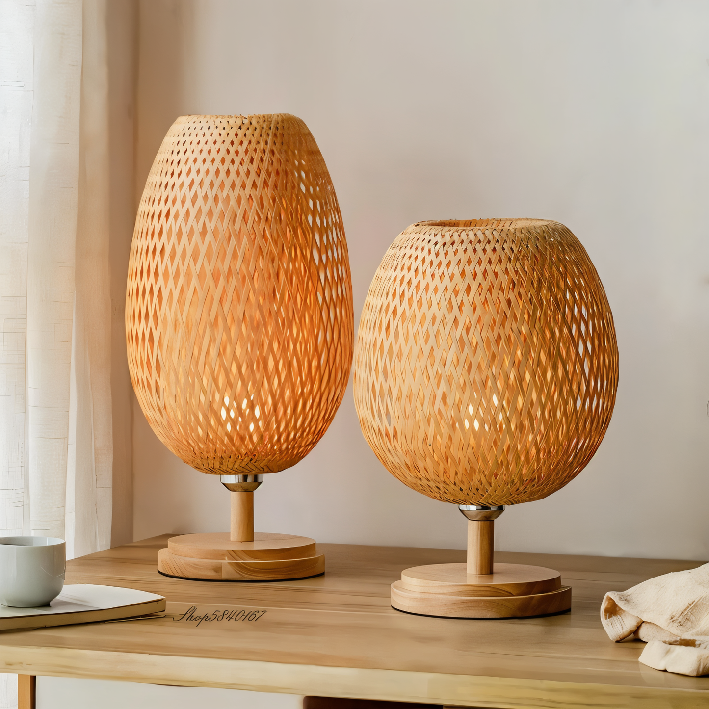 Vintage Bamboo Table Lamp with Woven Rattan Shade