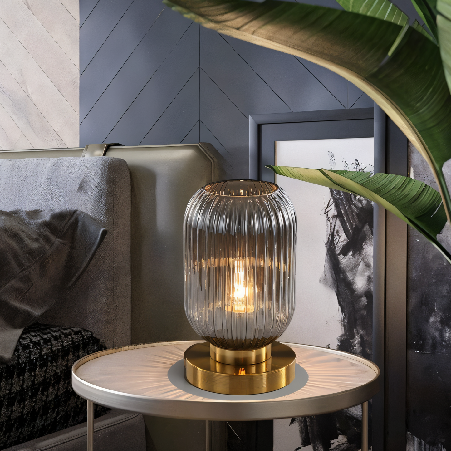 Ribbed Glass Scandinavian Table Lamp with Warm LED Light