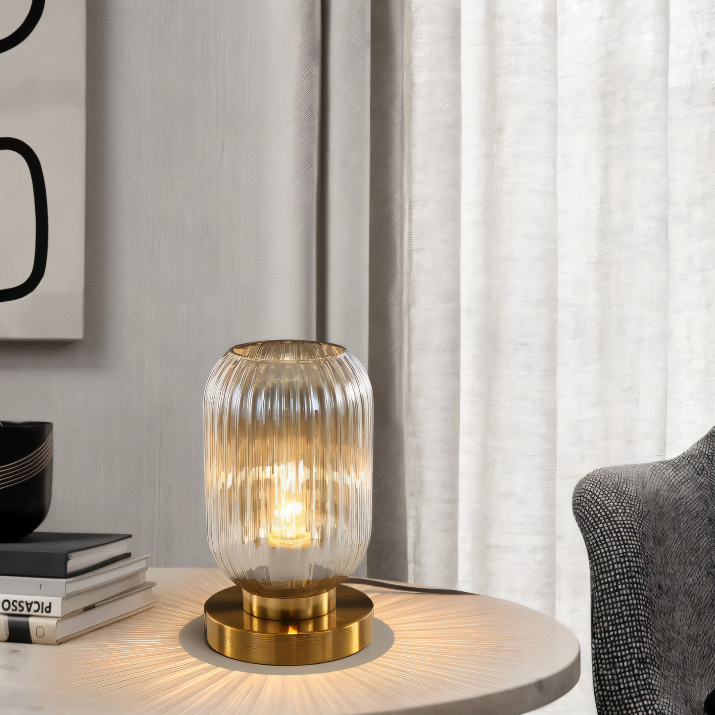 Ribbed Glass Scandinavian Table Lamp with Warm LED Light