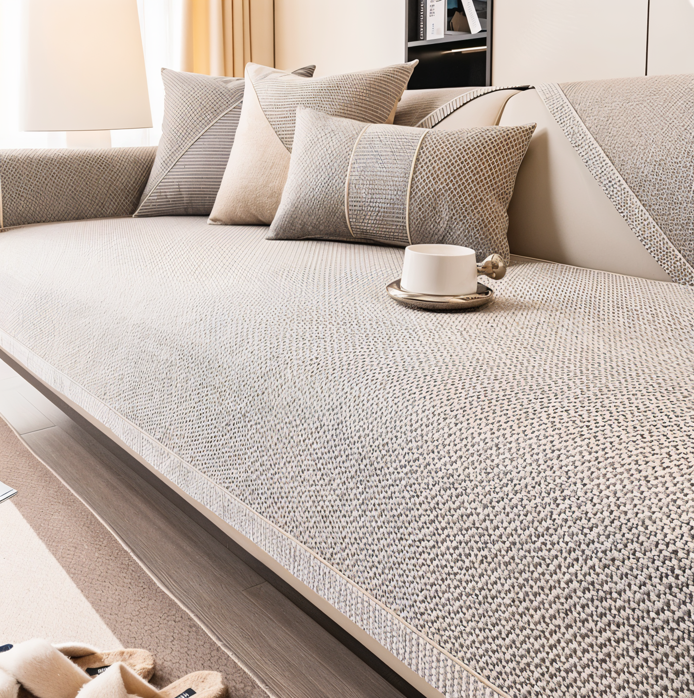 Solid Satin Non-Slip Sofa Cover in Cotton-Polyester Blend