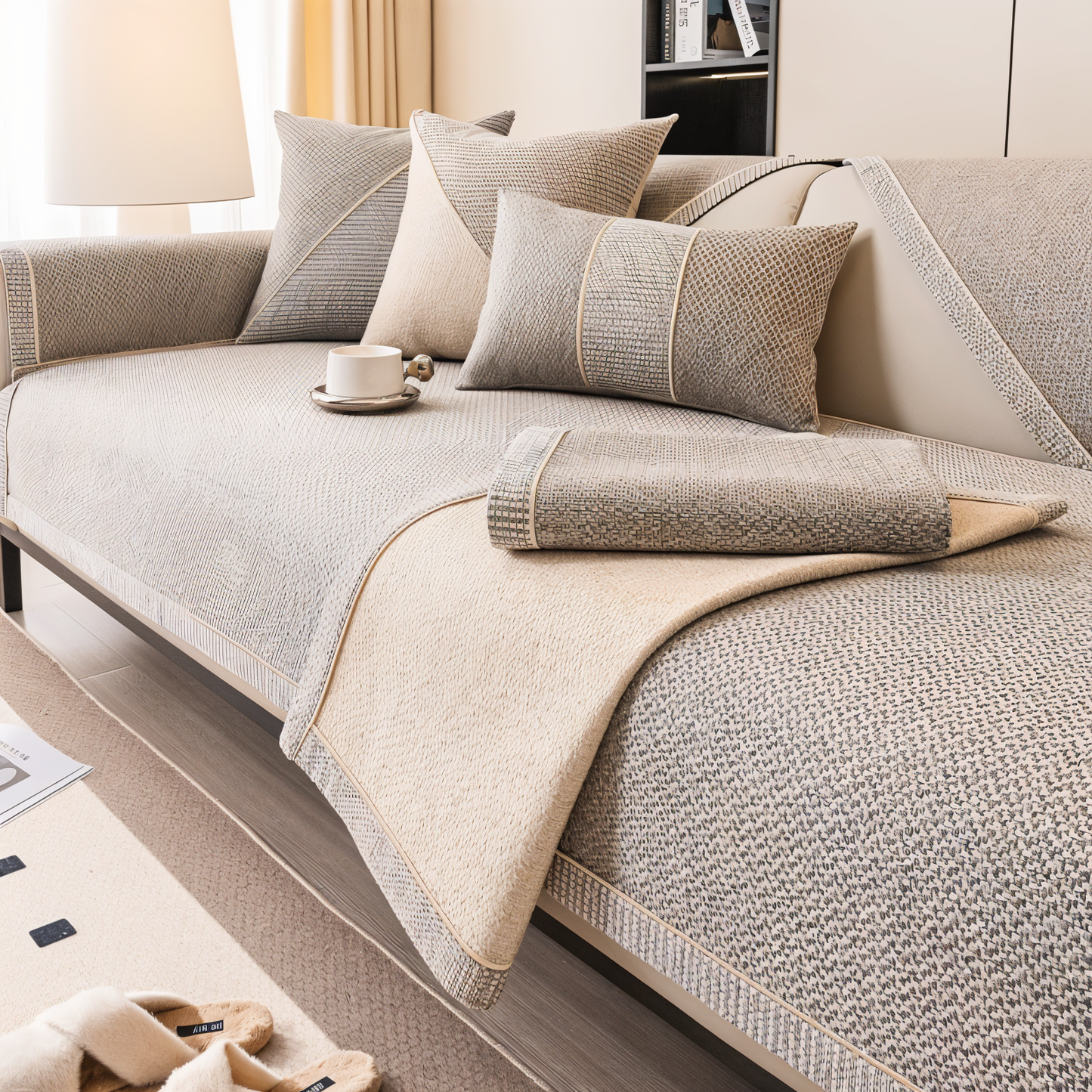 Solid Satin Non-Slip Sofa Cover in Cotton-Polyester Blend