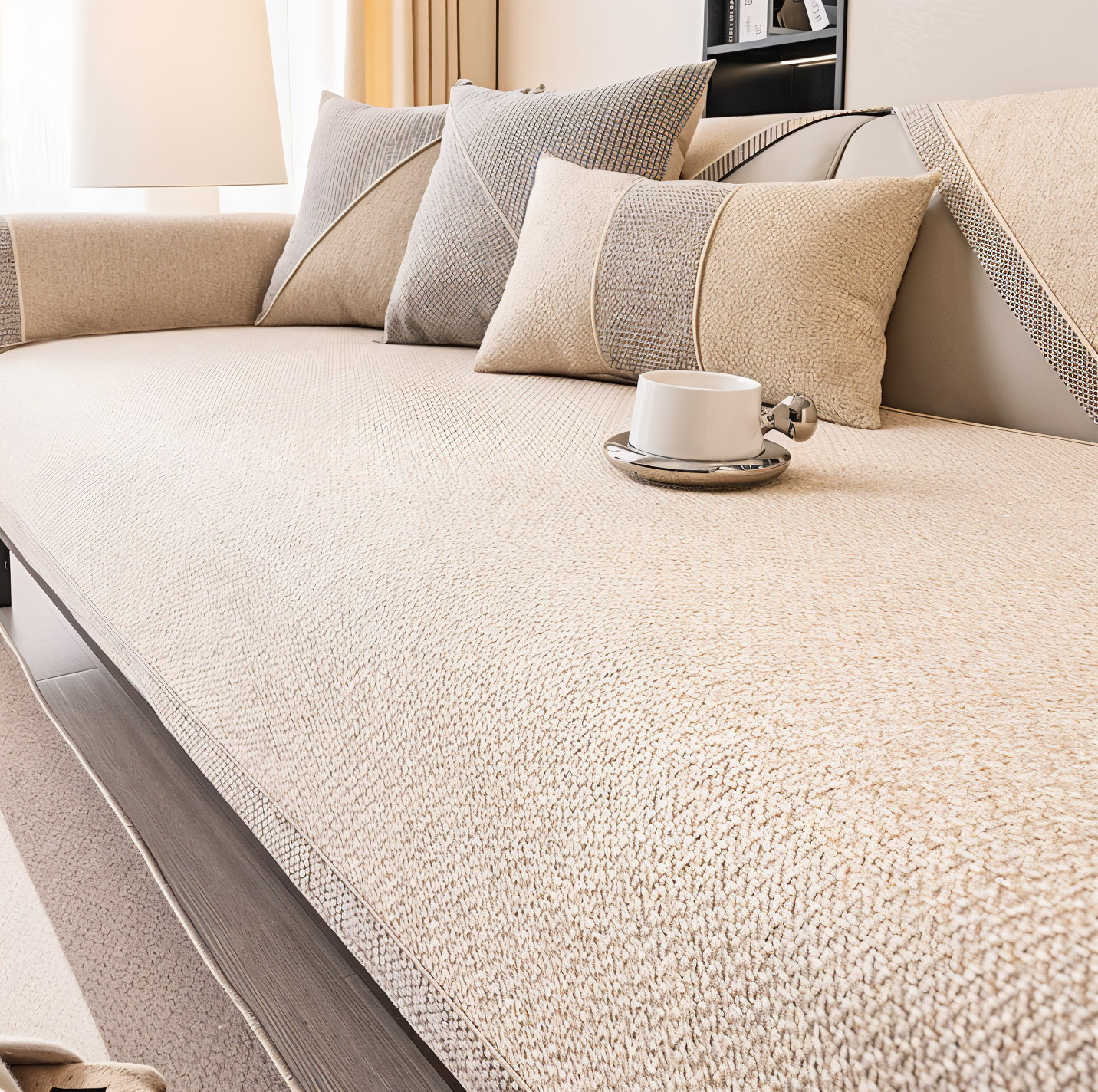 Solid Satin Non-Slip Sofa Cover in Cotton-Polyester Blend