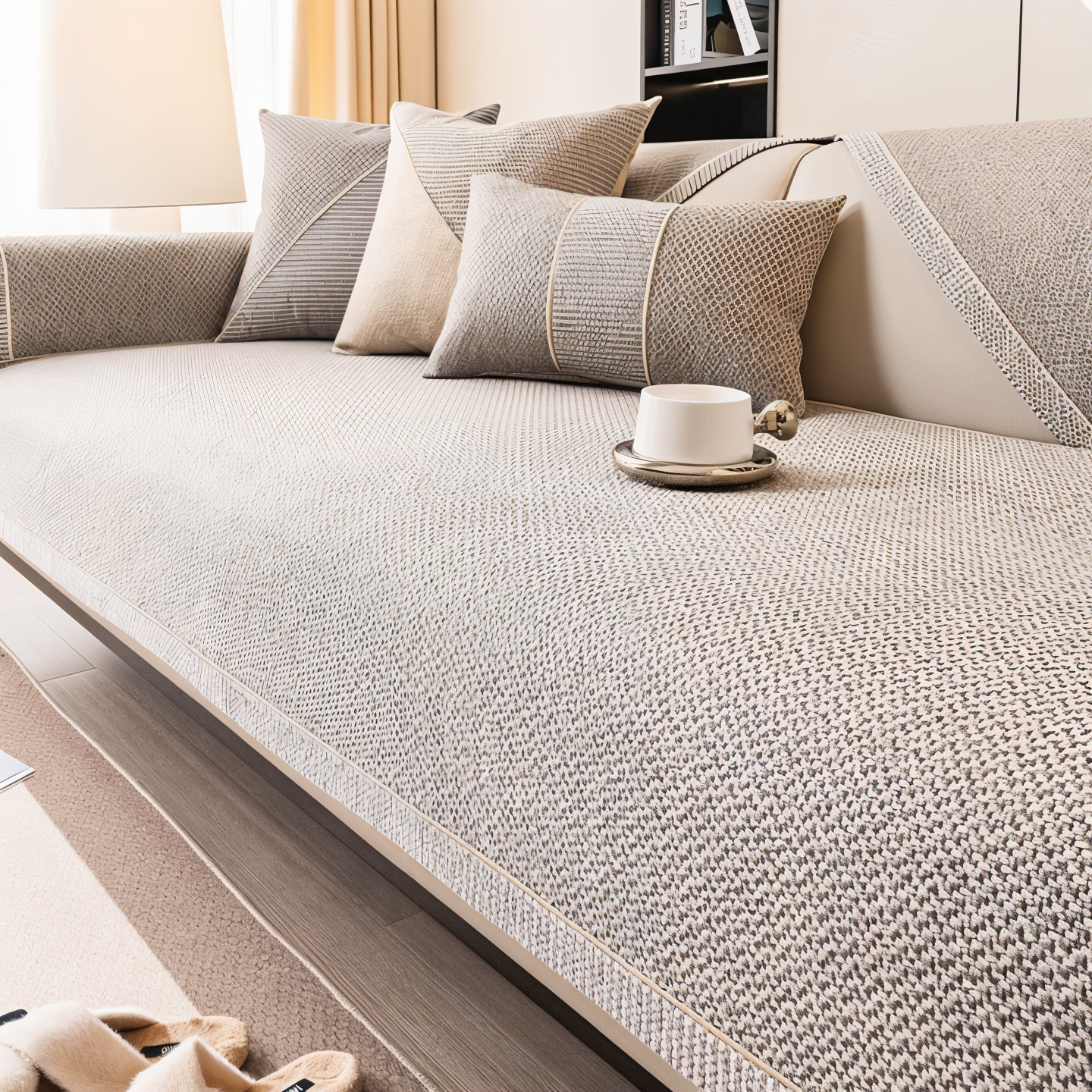 Solid Satin Non-Slip Sofa Cover in Cotton-Polyester Blend