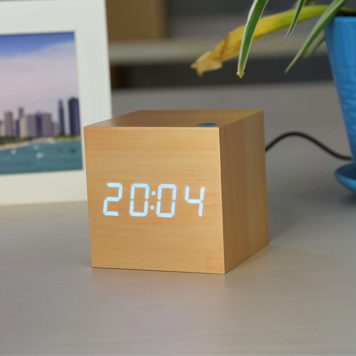 Digital LED Cube Clock in Bamboo Wood