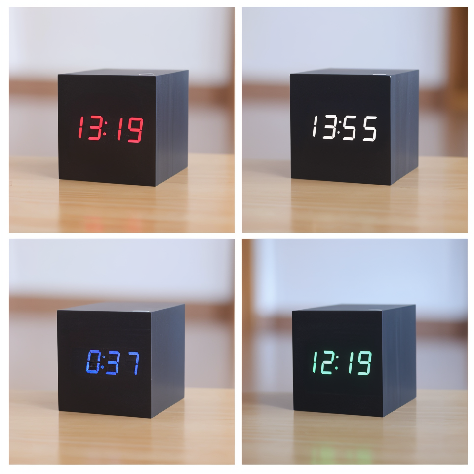 Digital LED Cube Clock in Bamboo Wood