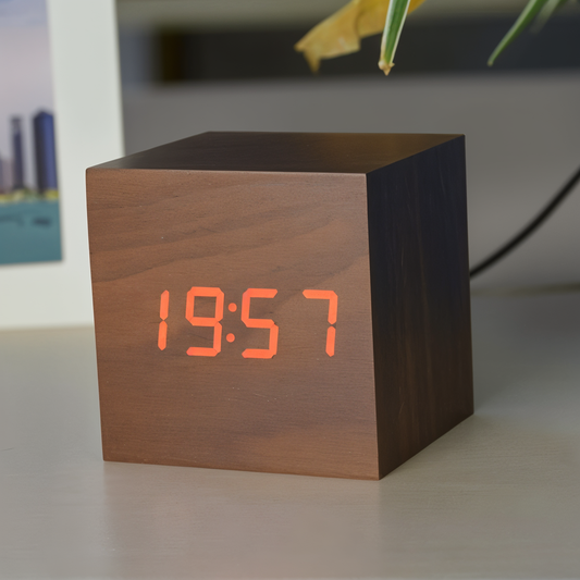 Digital LED Cube Clock in Bamboo Wood