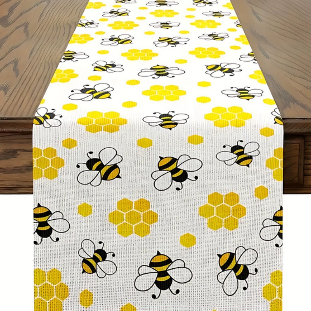 Honeycomb Print Linen Table Runner with Bee Details